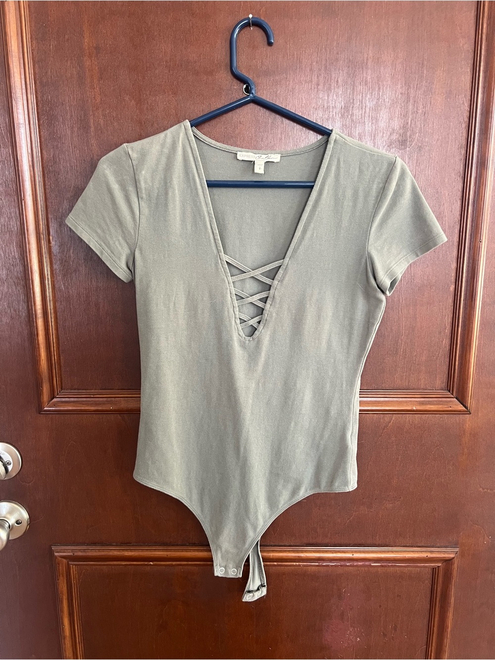 Express Olive Green Crisscross V-Neck Bodysuit
